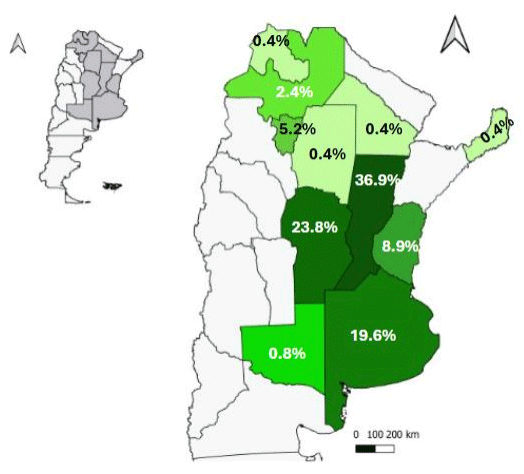 Figura 1. Distribución porcentual por provincia de las respuestas recibidas a la encuesta realizada por INTA (n=242; Argentina, 2024).