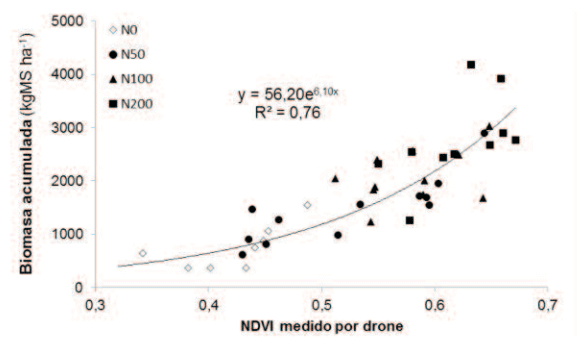Figura 2 | Relación entre el IVN medido por el drone y la biomasa aérea acumulada en parcelas de agropiro con diferentes dosis de N
