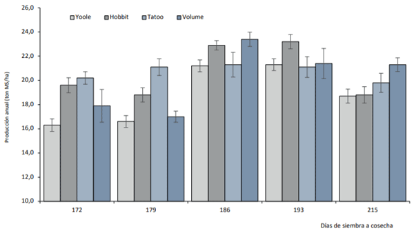 Producción de cebada para ensilaje. Estación Experimental Maquehue. Universidad de La Frontera. Temuco. Temporada 2016/2017. Coeficiente de variación: 5,98%