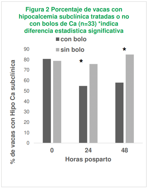 Figura 2 Porcentaje de vacas con hipocalcemia subclínica tratadas o no con bolos de Ca (n=33) *indica diferencia estadistica significativa 
