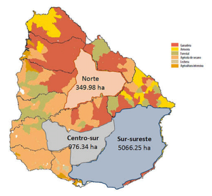 Figura 1. Distribución por región y área ocupada por los sistemas Silvopastoriles en el Uruguay.