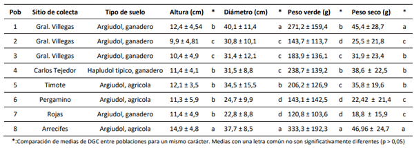 Tabla 1. Medias aritméticas y desvío estándar de las variables evaluadas en las 8 poblaciones de trébol blanco colectadas en el norte de la provincia de Buenos Aires en 2021-2022.