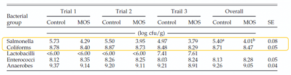 Tabla 3: Efecto de los manano-oligosacáridos (MOS) sobre las concentraciones de diferentes poblaciones bacterianas en el ciego de pollos, expuestos a Salmonella typhimurium (Spring et al. 2000). 