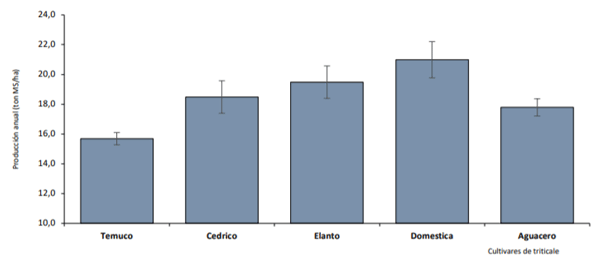 Producción de cinco cultivares de triticale. Estación Experimental Maquehue. Convenio Universidad de La Frontera – Anasac Chile S.A. Temuco, temporada 2016/2017. Coeficiente de variación: 4,73%
