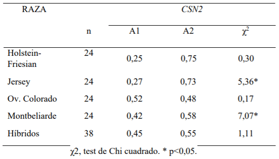 Cuadro 1. Frecuencias alélicas y equilibrio génico para el polimorfismo A1/A2 CSN2 en rebaños lecheros del sur de Chile.
