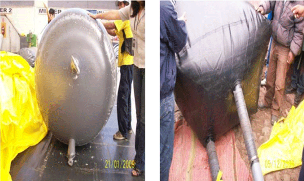 FIGURA 4. Biodigestores en bolsa de PVC circular y trapezoidal, con salida para lodos. FUENTE: Comercial Industrial DELTA. Lima, Perú. s.f.