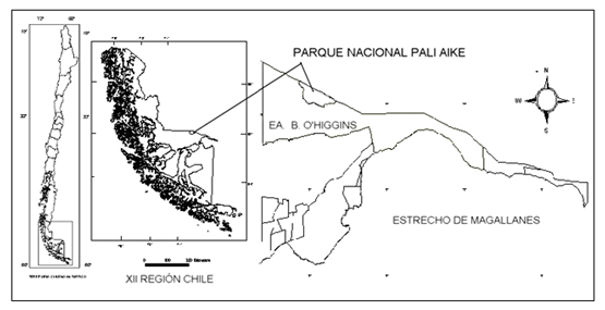 Figura 1. Ubicación del área de estudio en la XII Región, Chile.