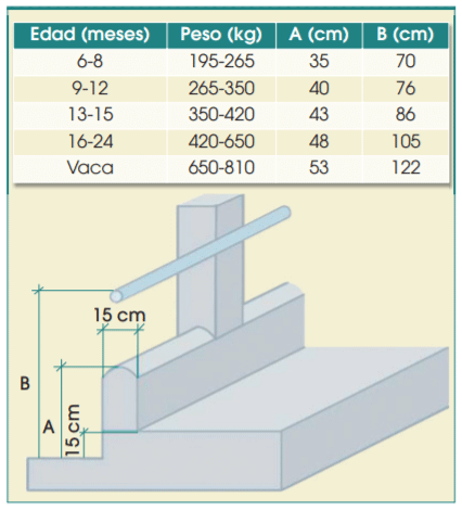 Figura 1. Sección acotada de un comedero. Distancias recomendadas según edad y peso del animal