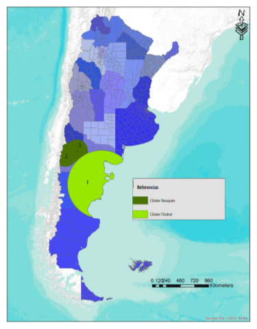 FIGURA 3. Cluster de lugar de procedencia de los animales con mayor riesgo de enfermedad en la provincia de Chubut (1) y clusteres de lugar de procedencia de los animales con menor riesgo de enfermedad en la provincia de Neuquén (2 y 3).