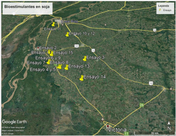 Figura 1. Distribución espacial de los 15 ensayos realizados en el área de influencia de la EEA INTA Paraná.