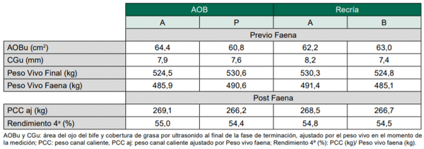 Cuadro 1 - Efecto del AOB y la recría sobre las variables previo y post faena (Correa et al., 2020).