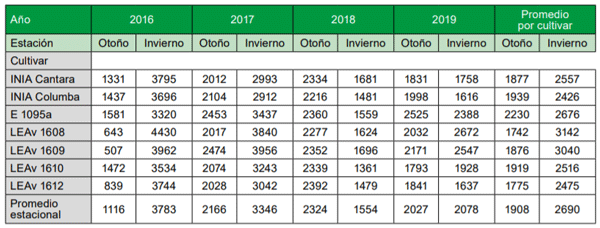Cuadro 4 - Producción estacional promedio en Kg MS/ha (2016-2019) de avena sembradas como verdeos en el mes de marzo (Programa Mejoramiento de Avena) en INIA La Estanzuela (Colonia, Uruguay).