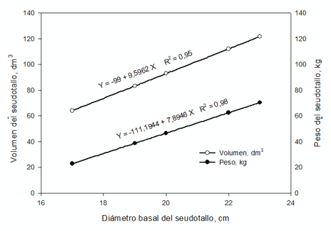 Figura 3. Estimación del volumen y peso fresco del seudotallo en función del diámetro basal.
