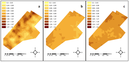 Figura 1. Distribución espacial de la biomasa acumulada (BA) estandarizada para los rebrotes (a) otoño 2015, (b) primavera 2015 y (c) otoño 2016.