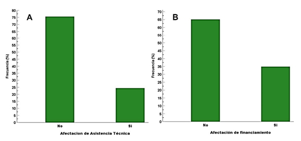 Figura 6. Frecuencias relativas para la afectación de asistencia técnica (A) y del financiamiento (B) por efecto de la pandemia del COVID-19, en la provincia de Santo Domingo de las Tsáchilas Fuente: elaboración propia