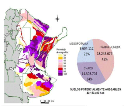 Figura 6. Distribución de suelos con riesgo potencial de anegamiento. Fuente: INTA Castelar. Gentileza Miguel A. Taboada.