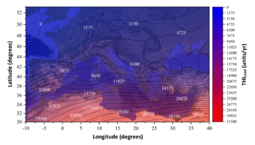 Figura 1 - El total de unidades de carga de calor más allá del umbral de THI 68, en diferentes estaciones meteorológicas ubicadas alrededor del Mar Mediterráneo.