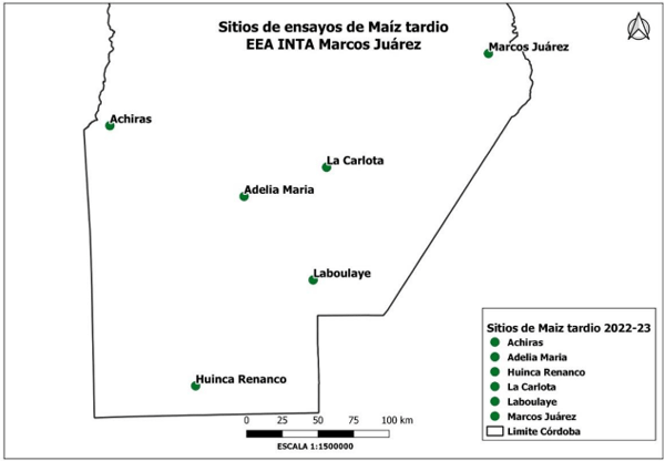 Mapa 1. Sitios de experimentación de la red de ensayos de maíz en fecha de siembra tardía durante la campaña 2022-23.