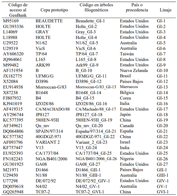 Tabla 2. Cepas prototipo de cada linaje según clasificación genotípica del virus de la bronquitis infecciosa aviar (IBV) Tomado de Valastro et al (2016).