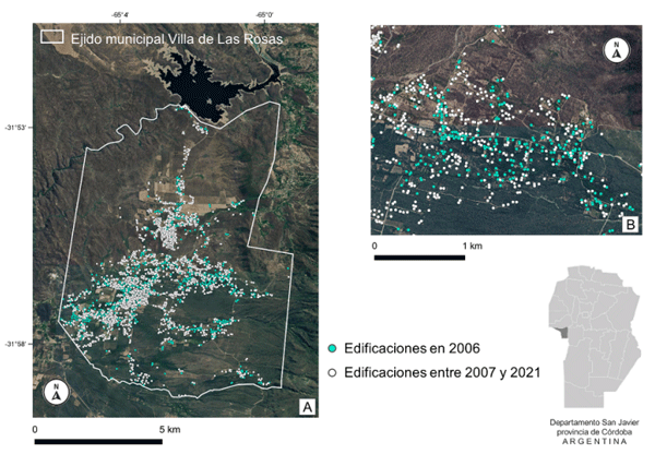 Fig. 2. Mapa con edificaciones dentro del ejido municipal de Villa de Las Rosas. A: en el año 2006 (antes de la sanción de la Ley de bosques) y durante el período 2007-2021 (después de la sanción de la Ley de bosques). B: Detalle de las edificaciones detectadas antes y después de la sanción de la Ley de bosques.
