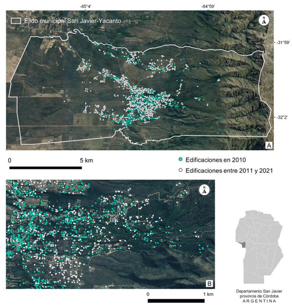 Fig. 3. Mapa con edificaciones dentro del ejido municipal de San Javier-Yacanto. A: en el año 2010 (antes de la reglamentación de la Ley de bosques) y durante el período 2011-2021 (después de la reglamentación de la Ley de bosques). B: Detalle de las edificaciones detectadas antes y después de la reglamentación de la Ley de bosques.