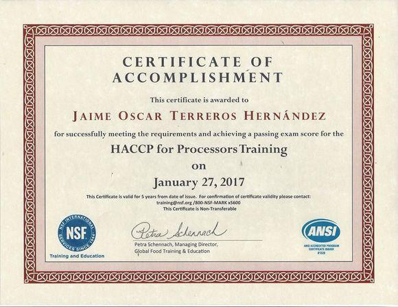 certificado en la capacitación HACCP
