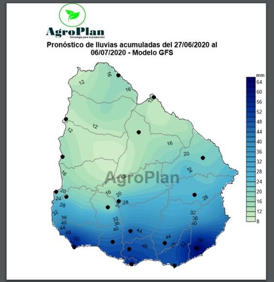 Uruguay: Pronóstico lluvias acumulados 27/6/2020 al 6/7/2020