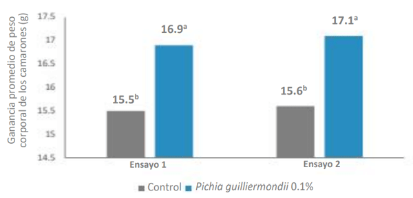 Figura 5. Ganancia promedio de peso corporal de los camarones durante los períodos de estudio