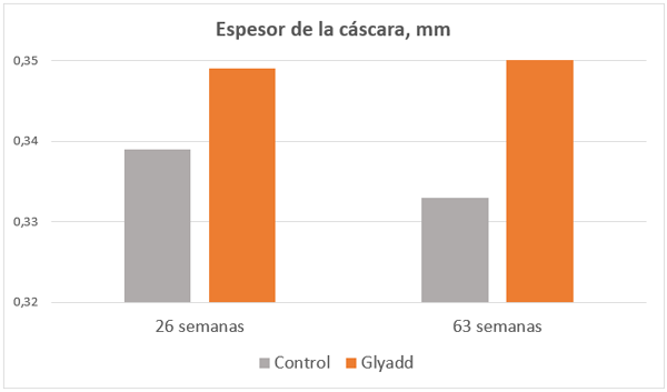 Figura 1. Efecto de la inclusión de Glyadd en gallinas de puesta de 26 y 63 semanas sobre el espesor de cáscara