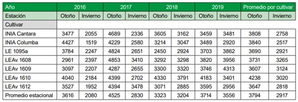 Cuadro 2 - Producción estacional promedio en Kg MS/ha (2016-2019) de avenas sembradas como verdeos en el mes de febrero (Programa Mejoramiento de Avena) en INIA La Estanzuela, Colonia, Uruguay.