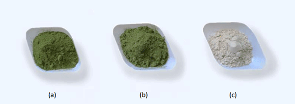 Figura 1. Bioadsorbentes a base de residuos de (a) kale, (b) lechuga y el adsorbente inorgánico (c) zeolita.